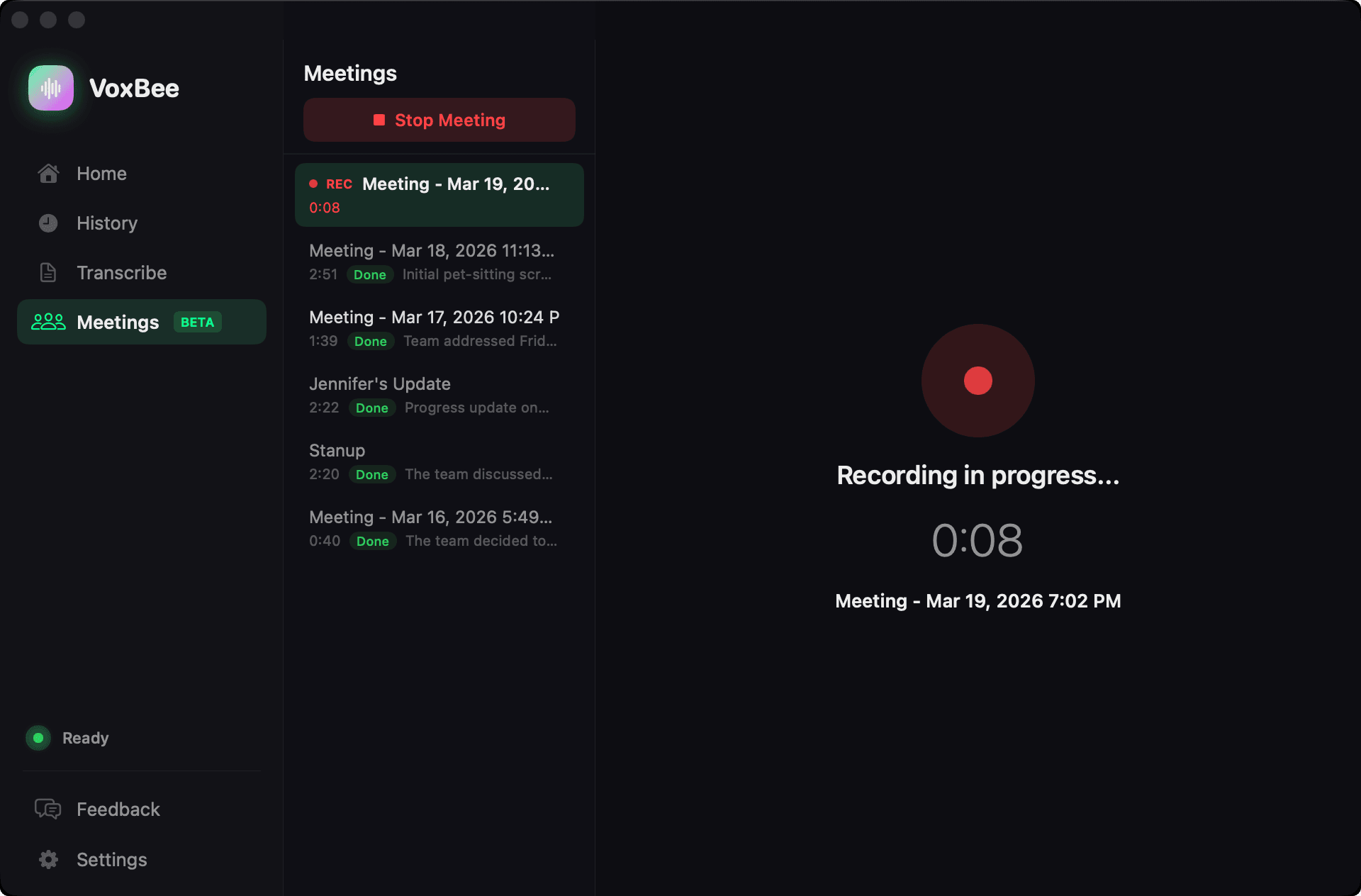 VoxBee meeting recording — AI-powered transcription and summaries