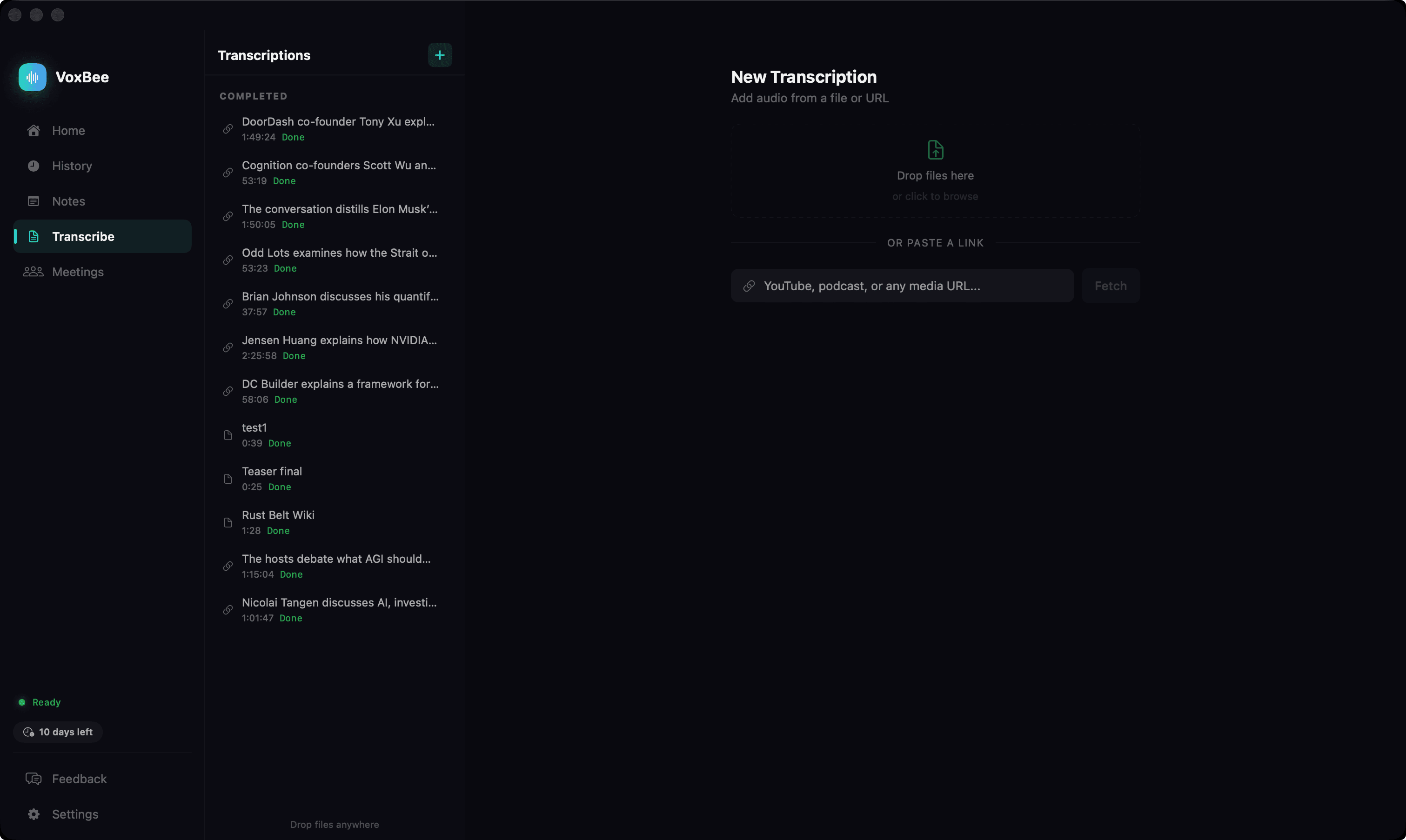 VoxBee transcription workspace showing completed transcripts, file dropzone, and URL import