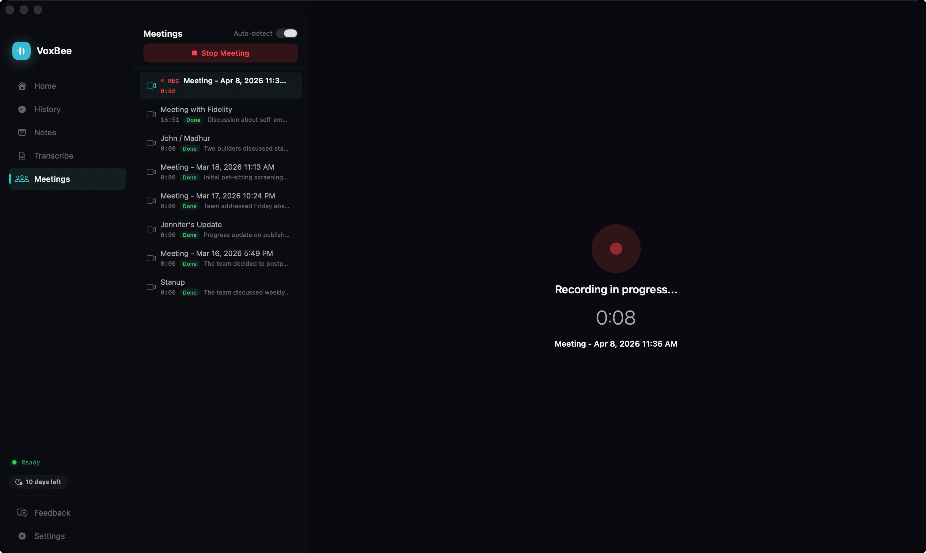 VoxBee meetings workspace showing an active recording with auto-detect and meeting history